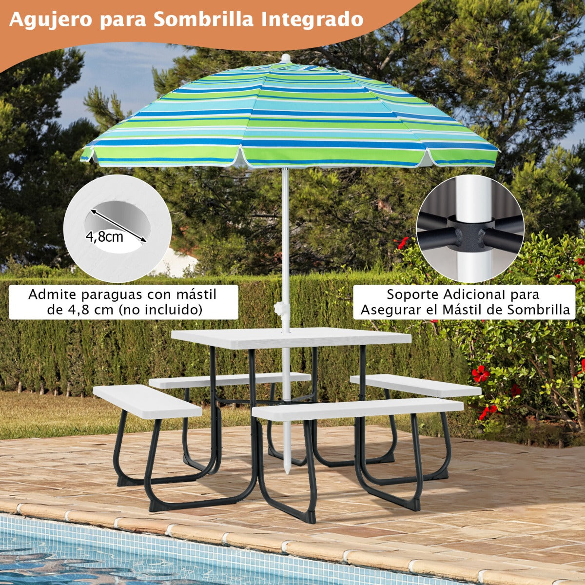 Juego de Muebles para 8 Personas Circular con 4 Bancos Mesa con Orificio para Sombrilla Carga 225 kg para Jardín Patio Césped Blanco