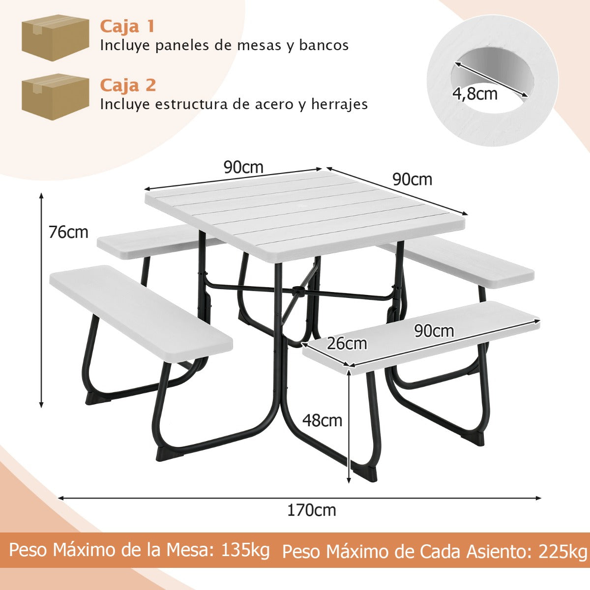 Juego de Muebles para 8 Personas Circular con 4 Bancos Mesa con Orificio para Sombrilla Carga 225 kg para Jardín Patio Césped Blanco