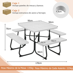 Juego de Muebles para 8 Personas Circular con 4 Bancos Mesa con Orificio para Sombrilla Carga 225 kg para Jardín Patio Césped Blanco