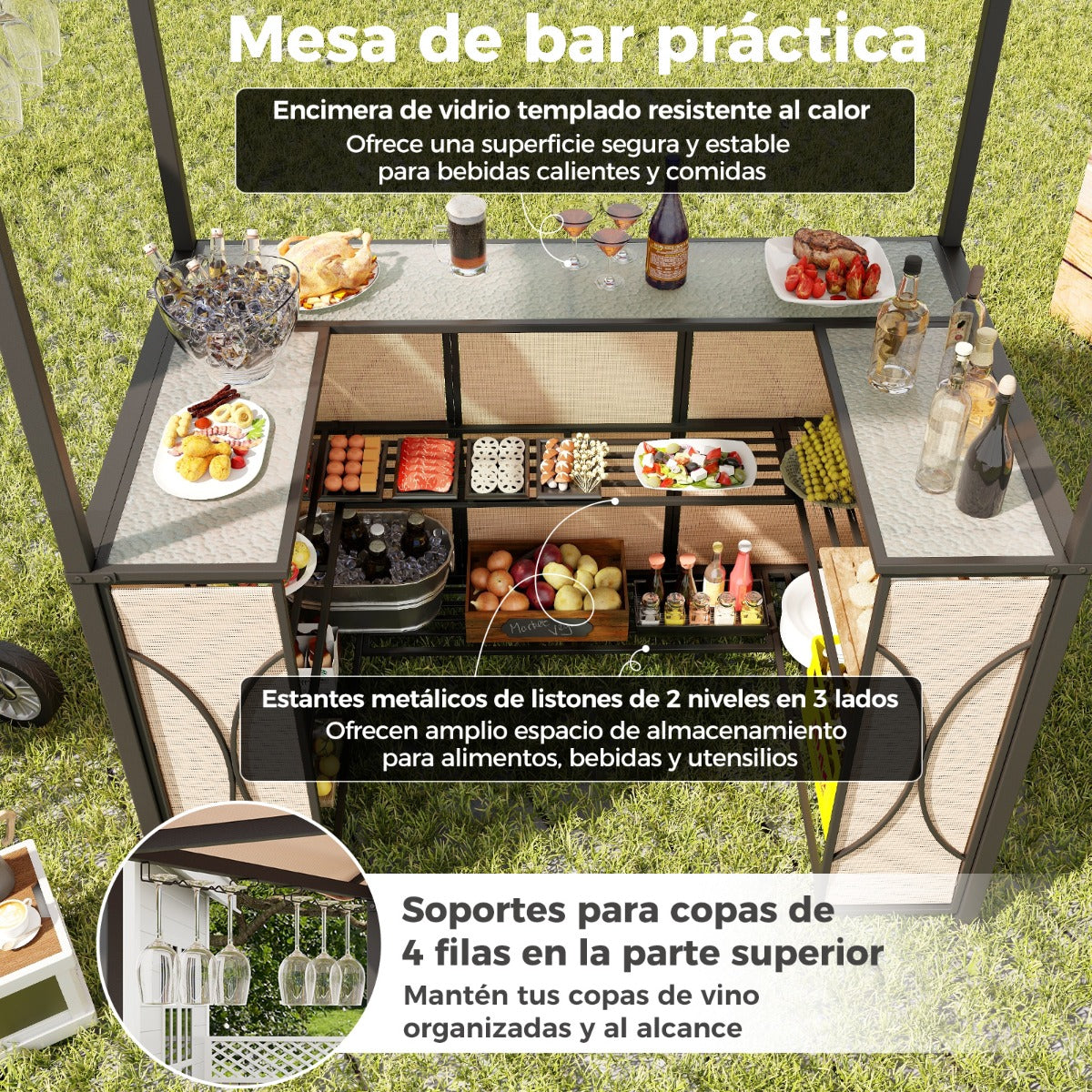 Juego de Barra de Patio de 3 Piezas con Parrilla 2 Taburetes de Bar Mesa de Templado Estantes de Metal y Soportes de Vidrio Marrón