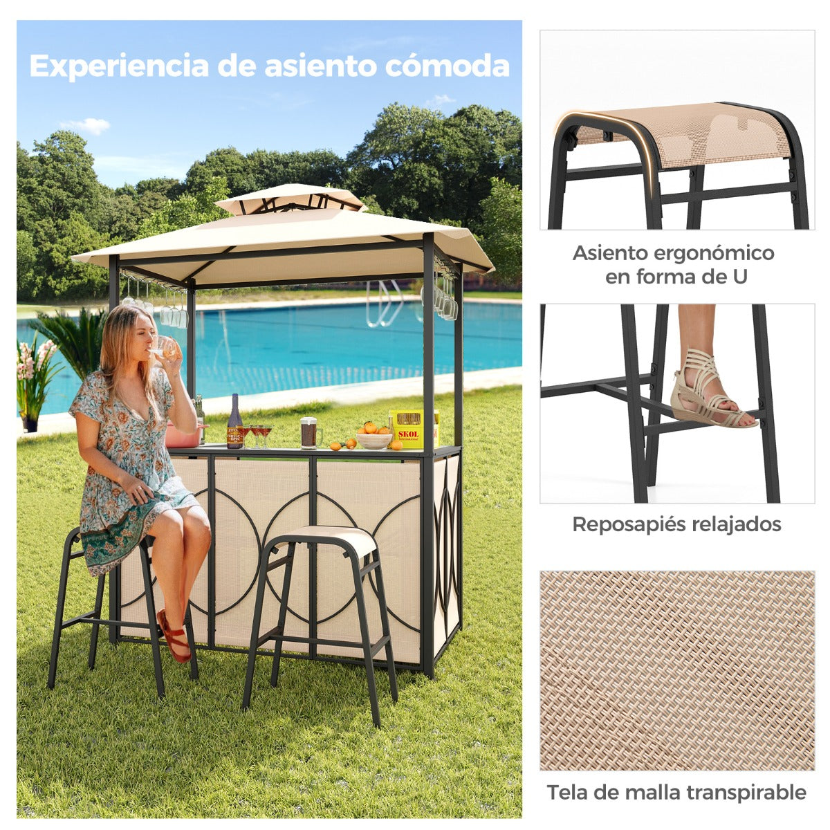 Juego de Barra de Patio de 3 Piezas con Parrilla 2 Taburetes de Bar Mesa de Templado Estantes de Metal y Soportes de Vidrio Marrón