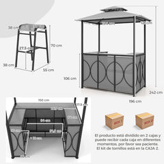 Juego de Barra de Patio de 3 Piezas con Parrilla 2 Taburetes de Bar Mesa de Templado Estantes de Metal y Soportes de Vidrio Gris