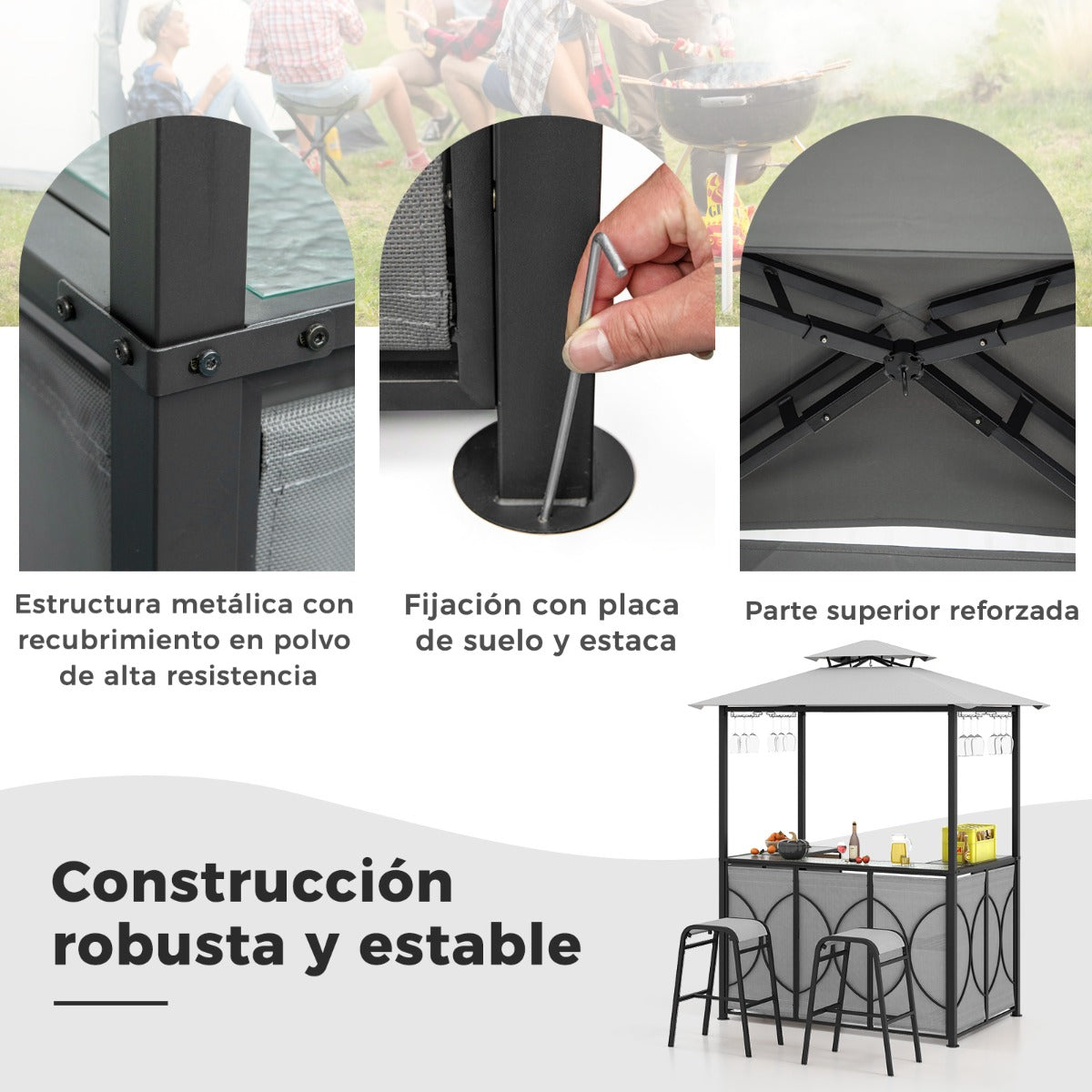 Juego de Barra de Patio de 3 Piezas con Parrilla 2 Taburetes de Bar Mesa de Templado Estantes de Metal y Soportes de Vidrio Gris
