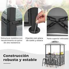 Juego de Barra de Patio de 3 Piezas con Parrilla 2 Taburetes de Bar Mesa de Templado Estantes de Metal y Soportes de Vidrio Gris