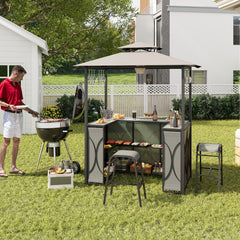 Juego de Barra de Patio de 3 Piezas con Parrilla 2 Taburetes de Bar Mesa de Templado Estantes de Metal y Soportes de Vidrio Gris