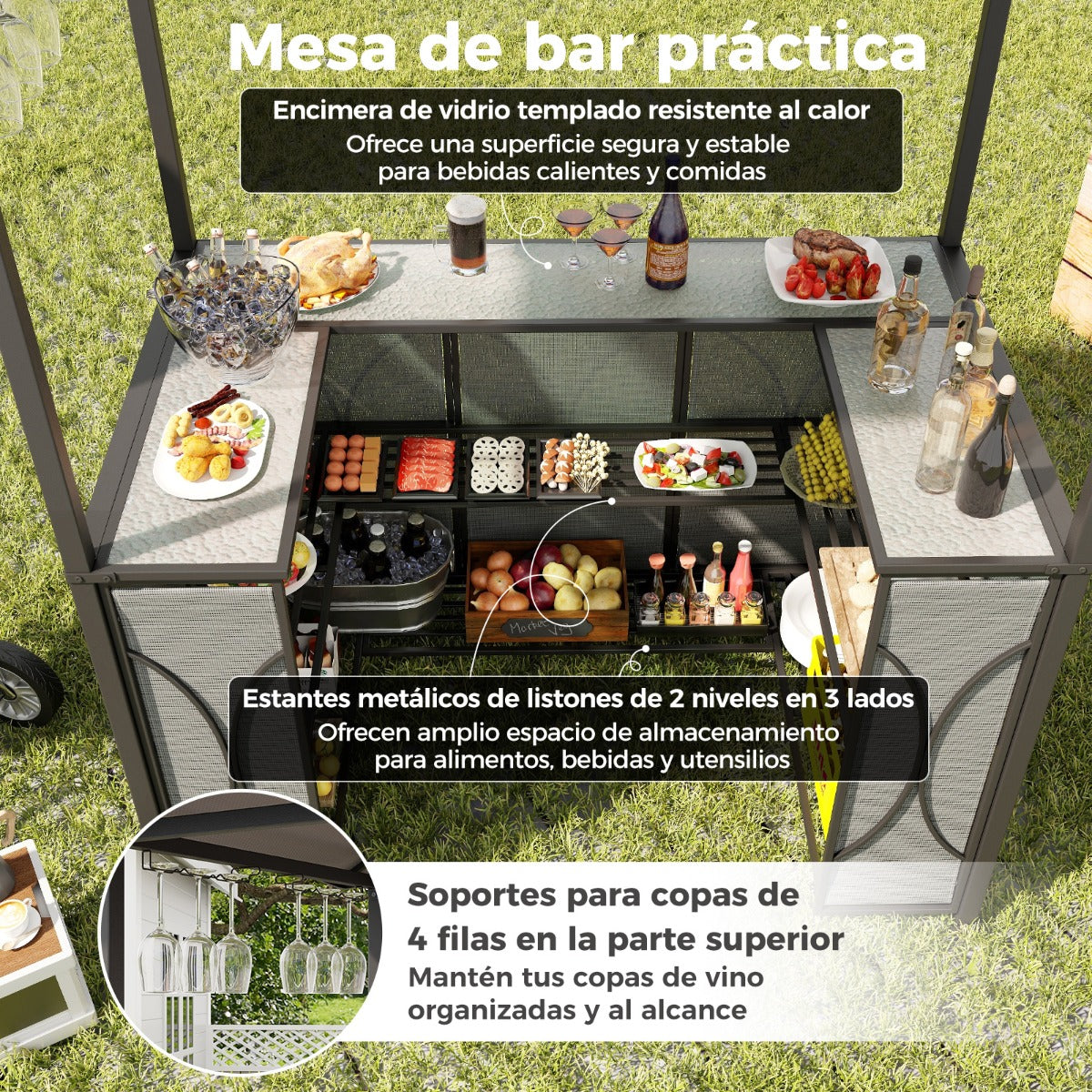 Juego de Barra de Patio de 3 Piezas con Parrilla 2 Taburetes de Bar Mesa de Templado Estantes de Metal y Soportes de Vidrio Gris