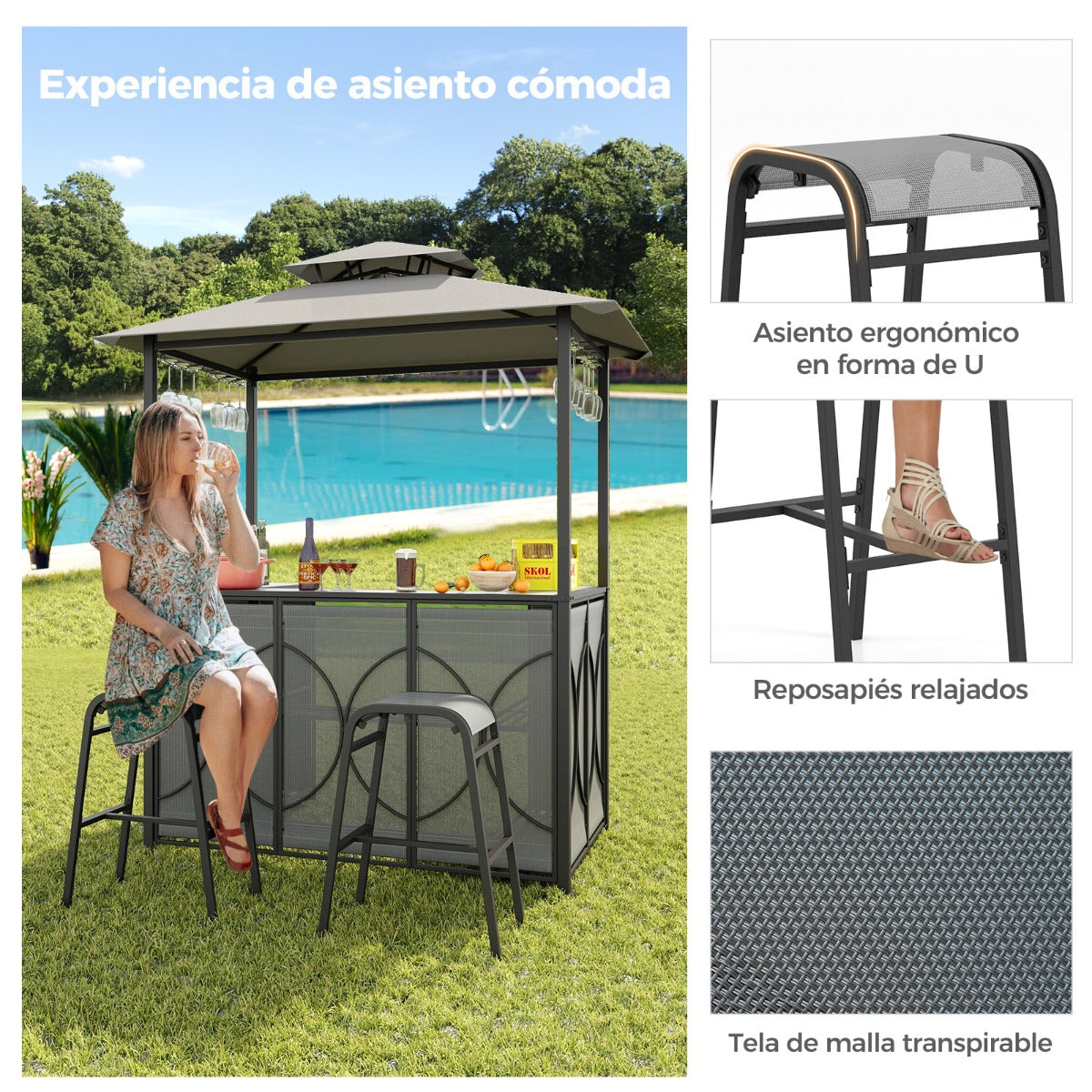 Juego de Barra de Patio de 3 Piezas con Parrilla 2 Taburetes de Bar Mesa de Templado Estantes de Metal y Soportes de Vidrio Gris