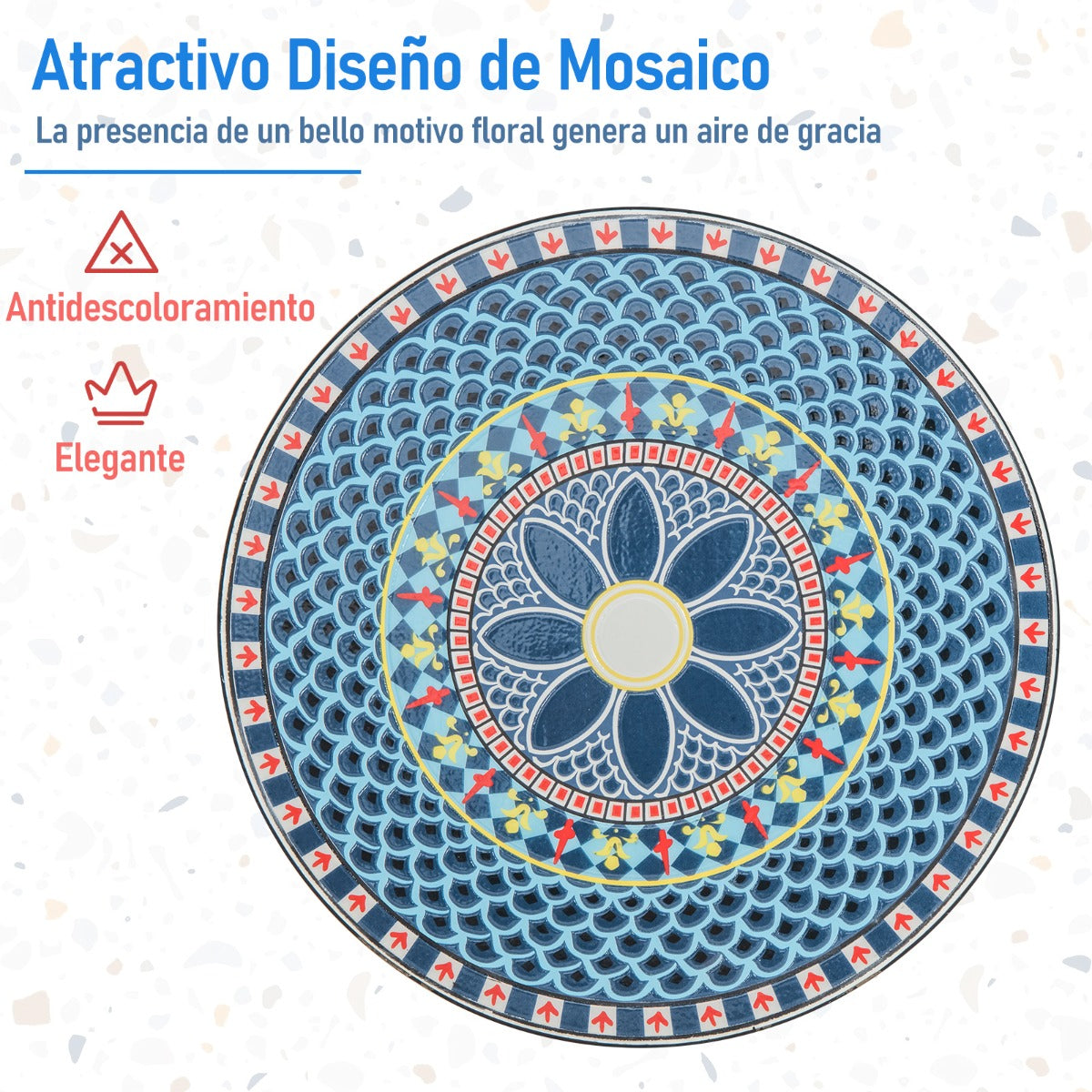 Juego de Bistró Mesa Redonda y 2 Sillas Plegables con Patrón de Mosaico Marco de Metal Resistente para Interiores y Exteriores-Silla+Mesa-Azul