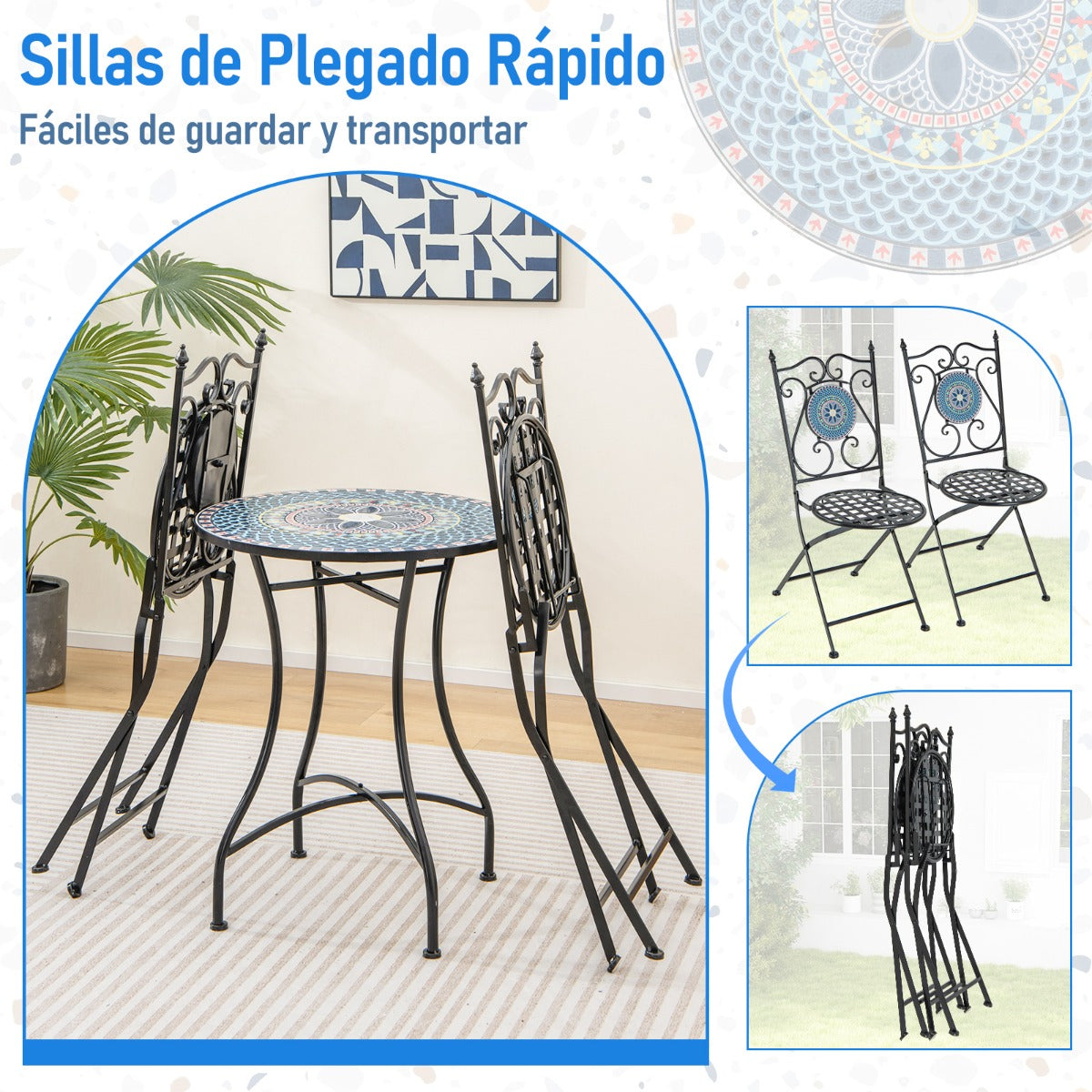 Juego de Bistró Mesa Redonda y 2 Sillas Plegables con Patrón de Mosaico Marco de Metal Resistente para Interiores y Exteriores-Silla+Mesa-Azul