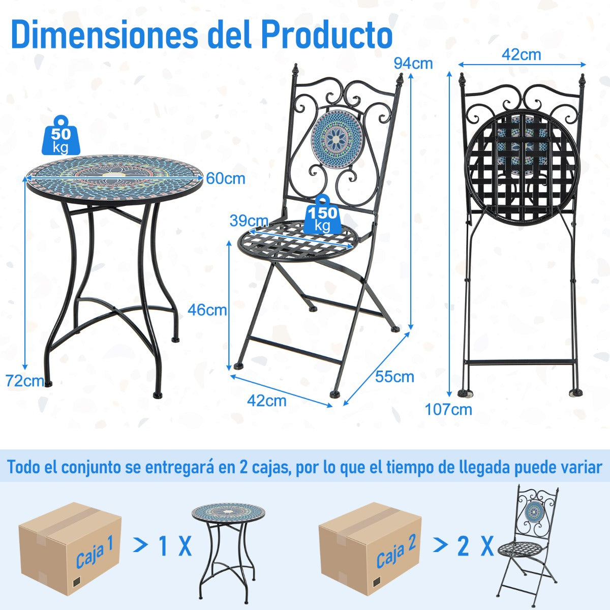 Juego de Bistró Mesa Redonda y 2 Sillas Plegables con Patrón de Mosaico Marco de Metal Resistente para Interiores y Exteriores-Silla+Mesa-Azul