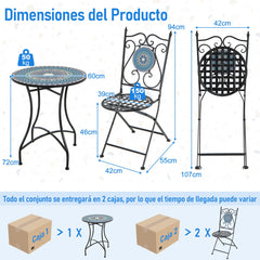 Juego de Bistró Mesa Redonda y 2 Sillas Plegables con Patrón de Mosaico Marco de Metal Resistente para Interiores y Exteriores-Silla+Mesa-Azul