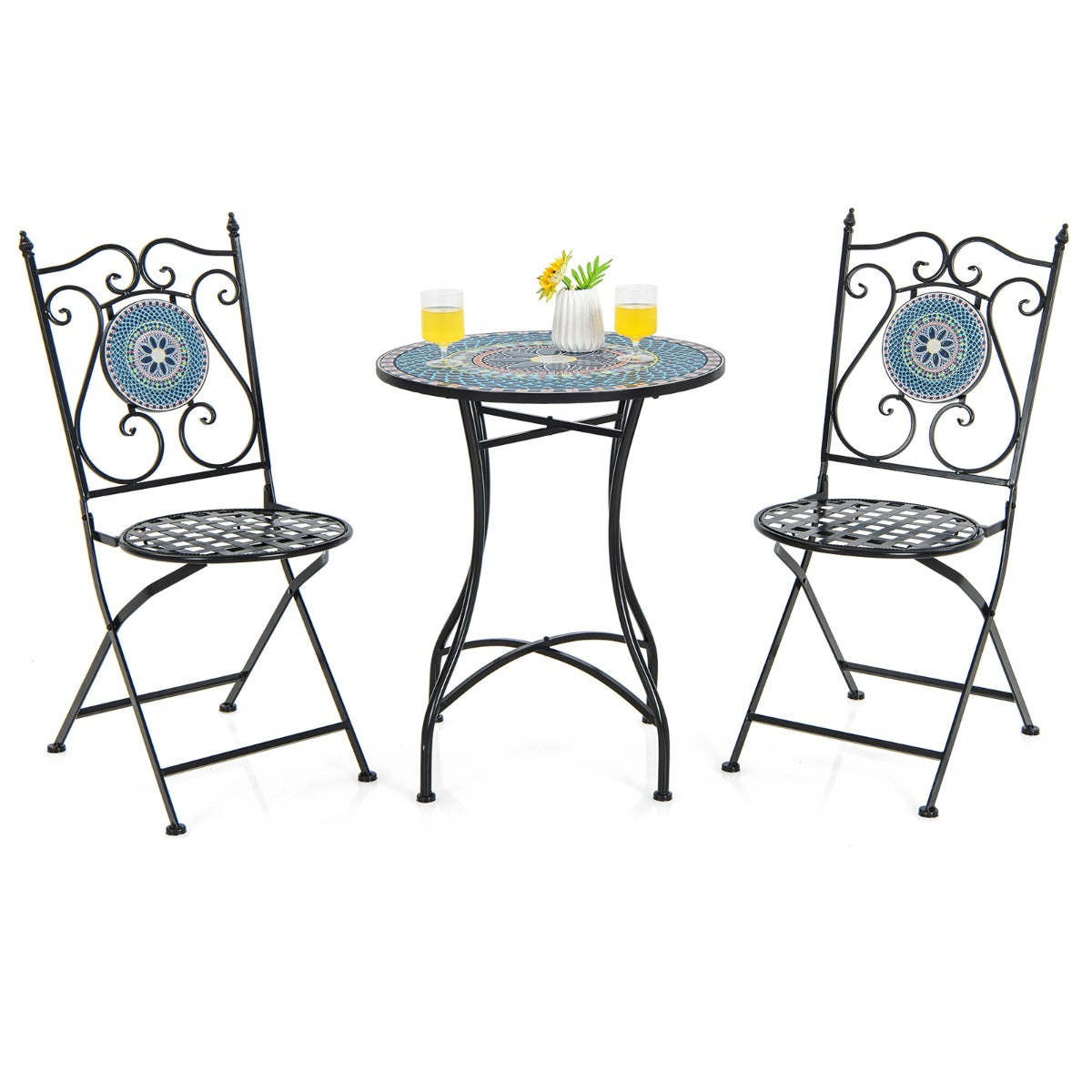 Juego de Bistró Mesa Redonda y 2 Sillas Plegables con Patrón de Mosaico Marco de Metal Resistente para Interiores y Exteriores-Silla+Mesa-Azul