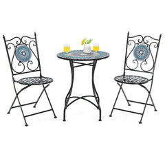Juego de Bistró Mesa Redonda y 2 Sillas Plegables con Patrón de Mosaico Marco de Metal Resistente para Interiores y Exteriores-Silla+Mesa-Azul