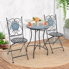 Juego de Bistró Mesa Redonda y 2 Sillas Plegables con Patrón de Mosaico Marco de Metal Resistente para Interiores y Exteriores-Silla+Mesa-Azul