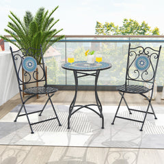 Juego de Bistró Mesa Redonda y 2 Sillas Plegables con Patrón de Mosaico Marco de Metal Resistente para Interiores y Exteriores-Silla+Mesa-Azul