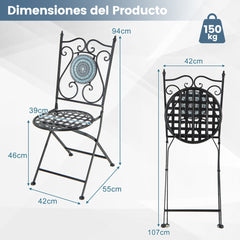 Juego de Bistró Mesa Redonda y 2 Sillas Plegables con Patrón de Mosaico Marco de Metal Resistente para Interiores y Exteriores-Silla-Gris