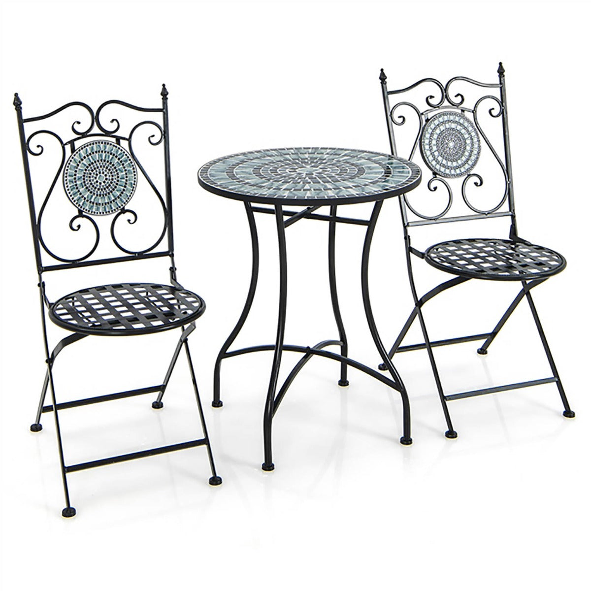 Juego de Bistró Mesa Redonda y 2 Sillas Plegables con Patrón de Mosaico Marco de Metal Resistente para Interiores y Exteriores-Silla+Mesa-Gris