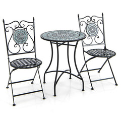 Juego de Bistró Mesa Redonda y 2 Sillas Plegables con Patrón de Mosaico Marco de Metal Resistente para Interiores y Exteriores-Silla+Mesa-Gris