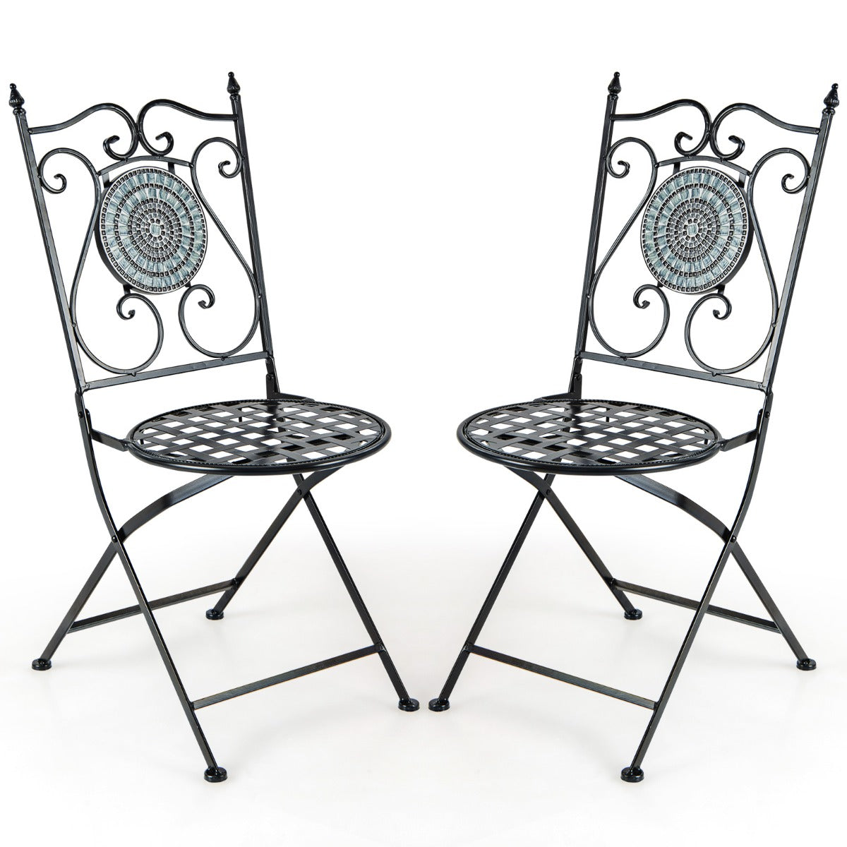 Juego de Bistró Mesa Redonda y 2 Sillas Plegables con Patrón de Mosaico Marco de Metal Resistente para Interiores y Exteriores-Silla-Gris
