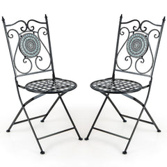Juego de Bistró Mesa Redonda y 2 Sillas Plegables con Patrón de Mosaico Marco de Metal Resistente para Interiores y Exteriores-Silla-Gris