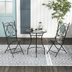 Juego de Bistró Mesa Redonda y 2 Sillas Plegables con Patrón de Mosaico Marco de Metal Resistente para Interiores y Exteriores-Silla+Mesa-Gris