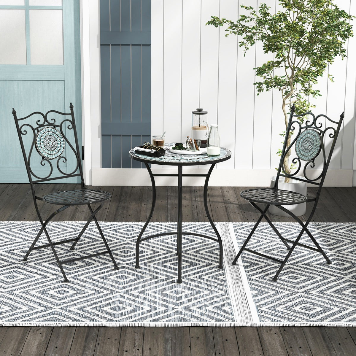 Juego de Bistró Mesa Redonda y 2 Sillas Plegables con Patrón de Mosaico Marco de Metal Resistente para Interiores y Exteriores-Silla-Gris