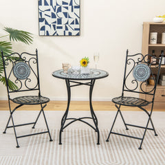 Juego de Bistró Mesa Redonda y 2 Sillas Plegables con Patrón de Mosaico Marco de Metal Resistente para Interiores y Exteriores-Silla-Gris