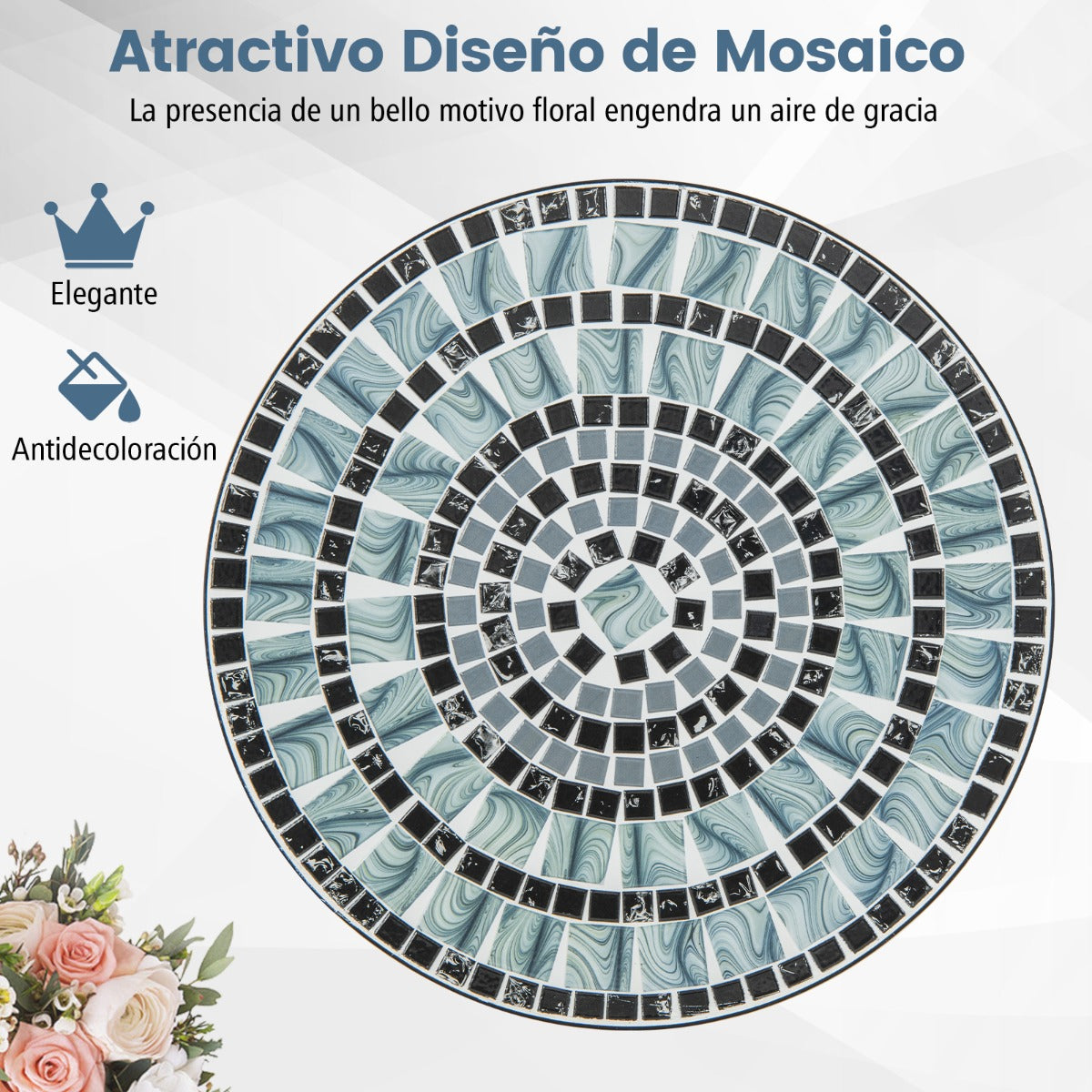 Juego de Bistró Mesa Redonda y 2 Sillas Plegables con Patrón de Mosaico Marco de Metal Resistente para Interiores y Exteriores-Silla-Gris