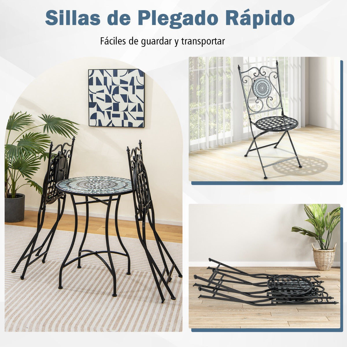 Juego de Bistró Mesa Redonda y 2 Sillas Plegables con Patrón de Mosaico Marco de Metal Resistente para Interiores y Exteriores-Silla-Gris