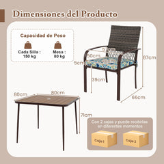Conjunto de Comedor para Jardín 4 Sillas de Ratán con Cojines y Mesa Cuadrada con Agujero para Sombrilla