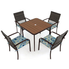 Conjunto de Comedor para Jardín 4 Sillas de Ratán con Cojines y Mesa Cuadrada con Agujero para Sombrilla