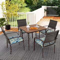 Conjunto de Comedor para Jardín 4 Sillas de Ratán con Cojines y Mesa Cuadrada con Agujero para Sombrilla