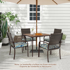 Conjunto de Comedor para Jardín 4 Sillas de Ratán con Cojines y Mesa Cuadrada con Agujero para Sombrilla