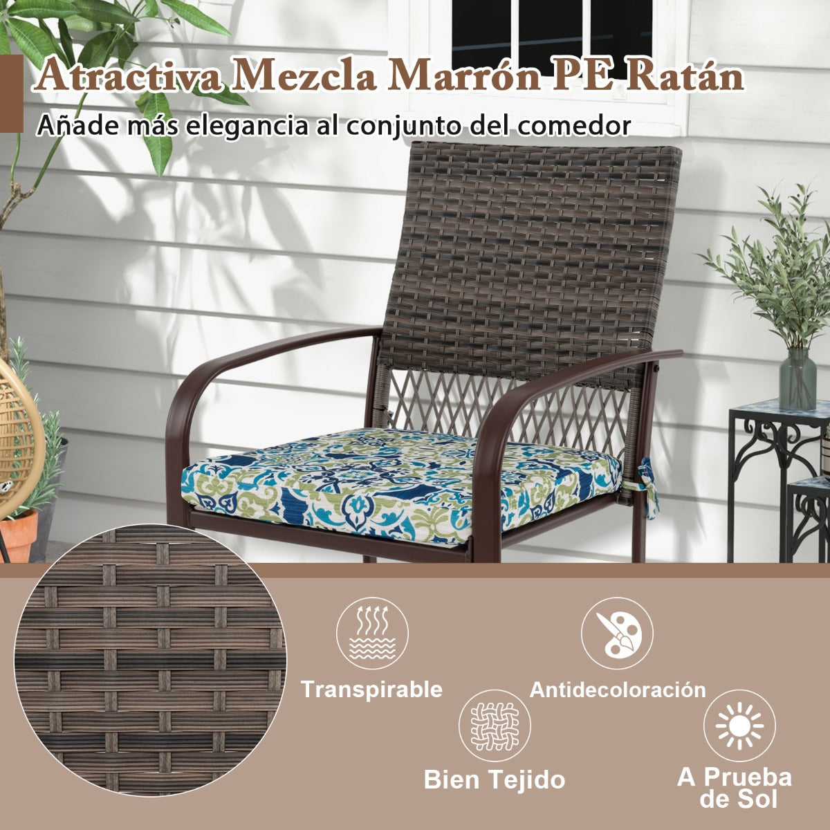 Conjunto de Comedor para Jardín 4 Sillas de Ratán con Cojines y Mesa Cuadrada con Agujero para Sombrilla
