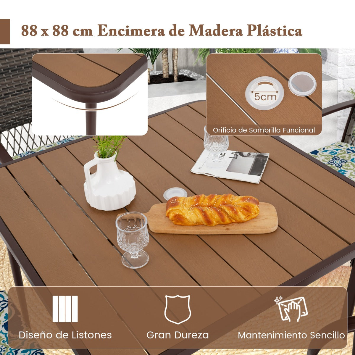 Conjunto de Comedor para Jardín 4 Sillas de Ratán con Cojines y Mesa Cuadrada con Agujero para Sombrilla