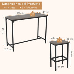 Juego de Comedor de 3 Piezas Mesa de Cocina Industrial con 2 Taburetes de Bar-Gris