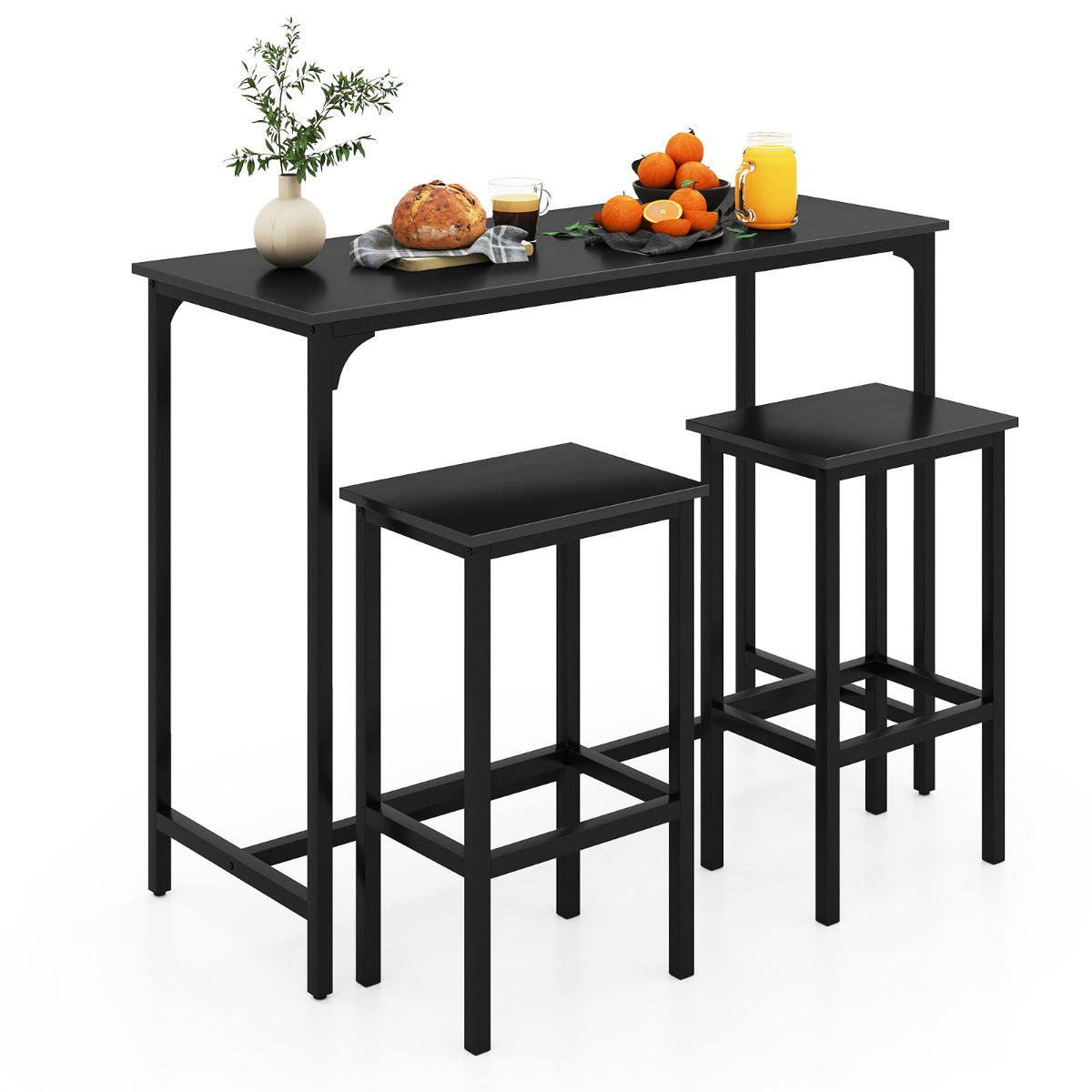 Juego de Comedor de 3 Piezas Mesa de Cocina Industrial con 2 Taburetes de Bar-Negro