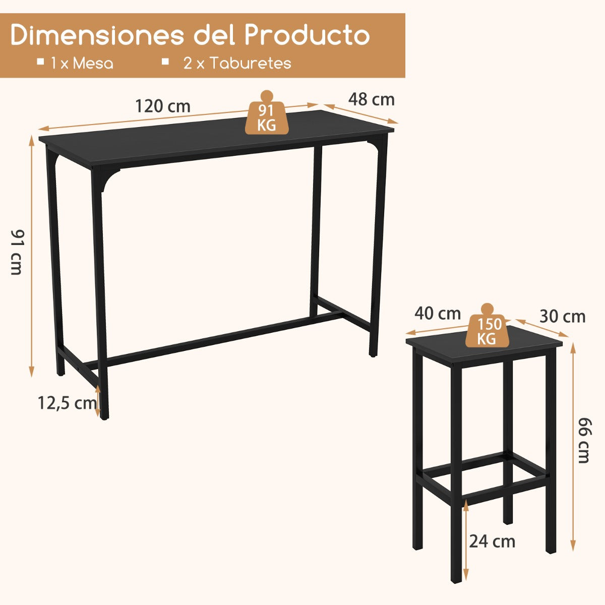 Juego de Comedor de 3 Piezas Mesa de Cocina Industrial con 2 Taburetes de Bar-Negro