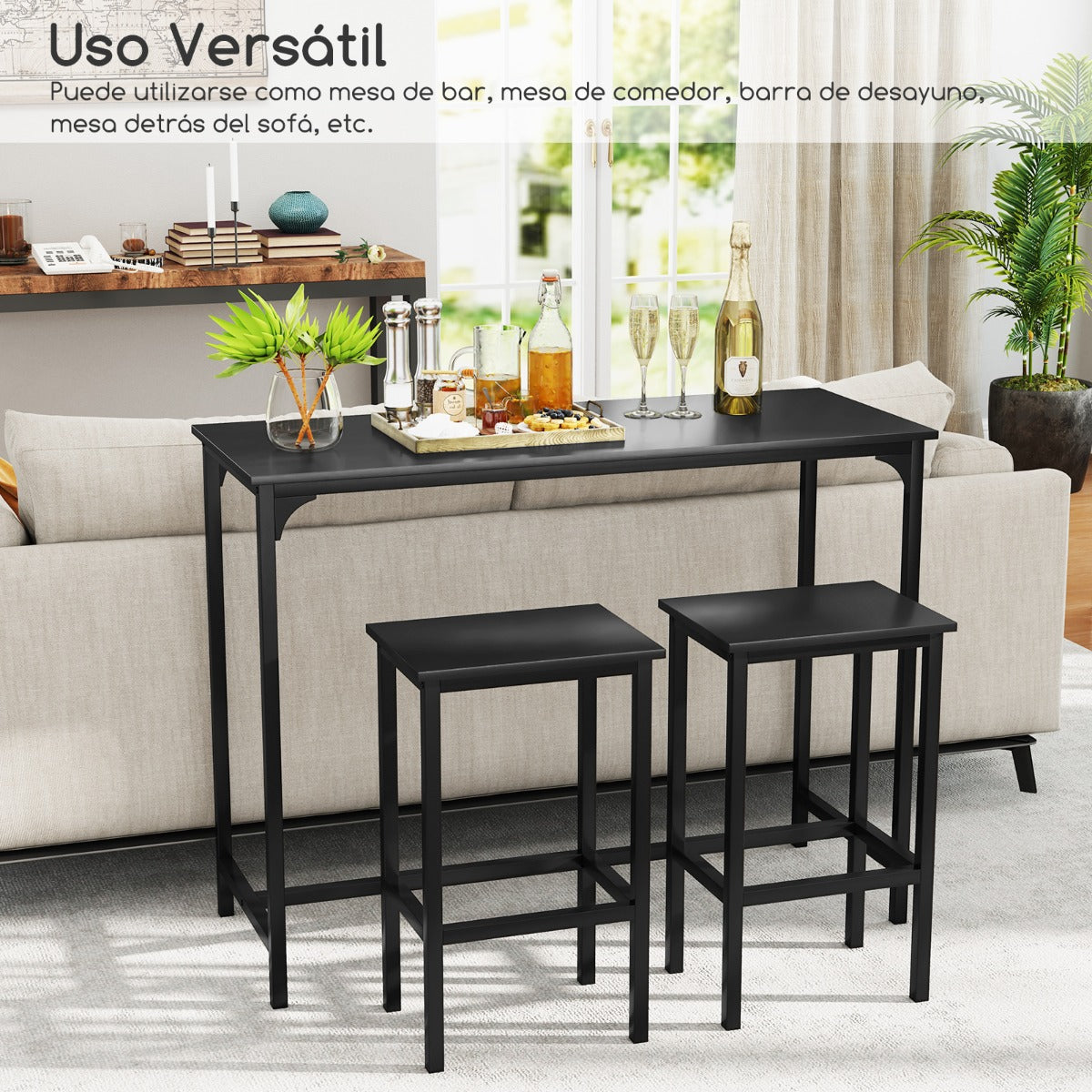 Juego de Comedor de 3 Piezas Mesa de Cocina Industrial con 2 Taburetes de Bar-Negro