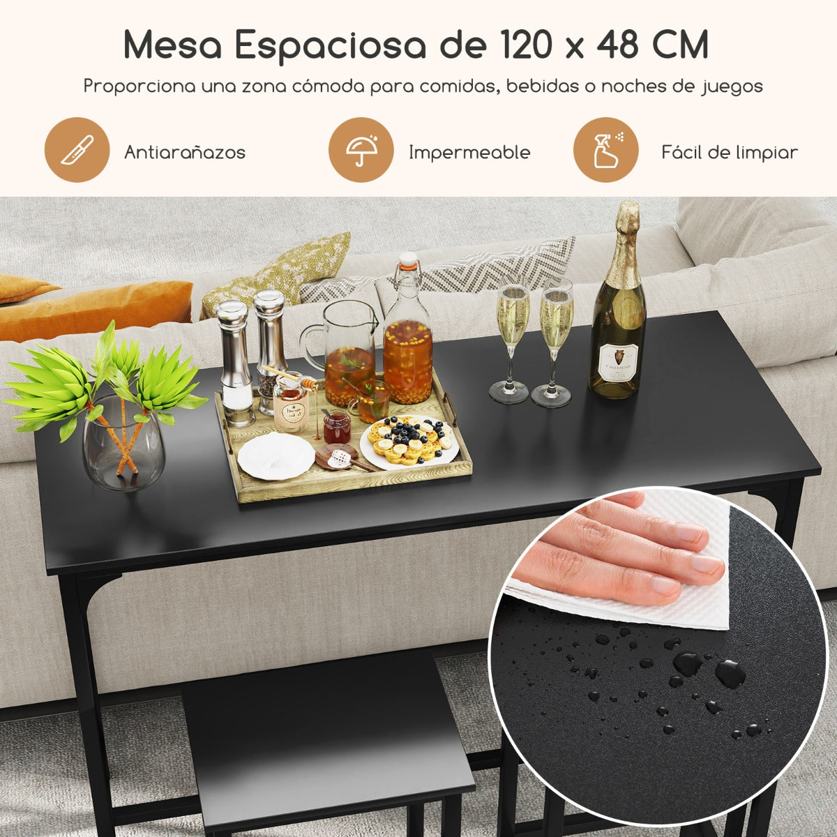 Juego de Comedor de 3 Piezas Mesa de Cocina Industrial con 2 Taburetes de Bar-Negro