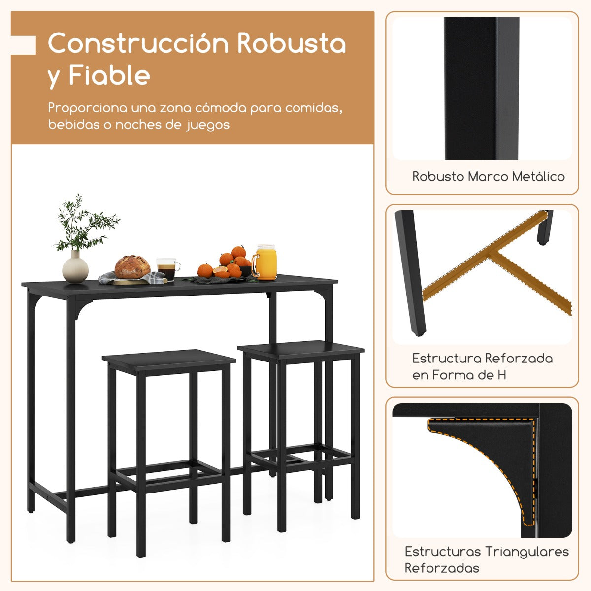 Juego de Comedor de 3 Piezas Mesa de Cocina Industrial con 2 Taburetes de Bar-Negro