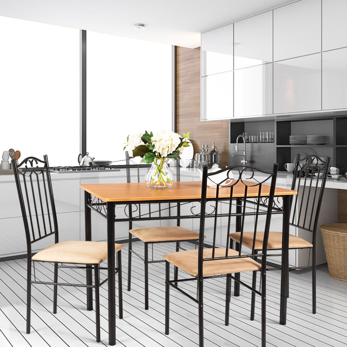 Juego de Mesa de Cocina con 4 Sillas Estructura de Metal para Casa Restaurante Natural y Negro