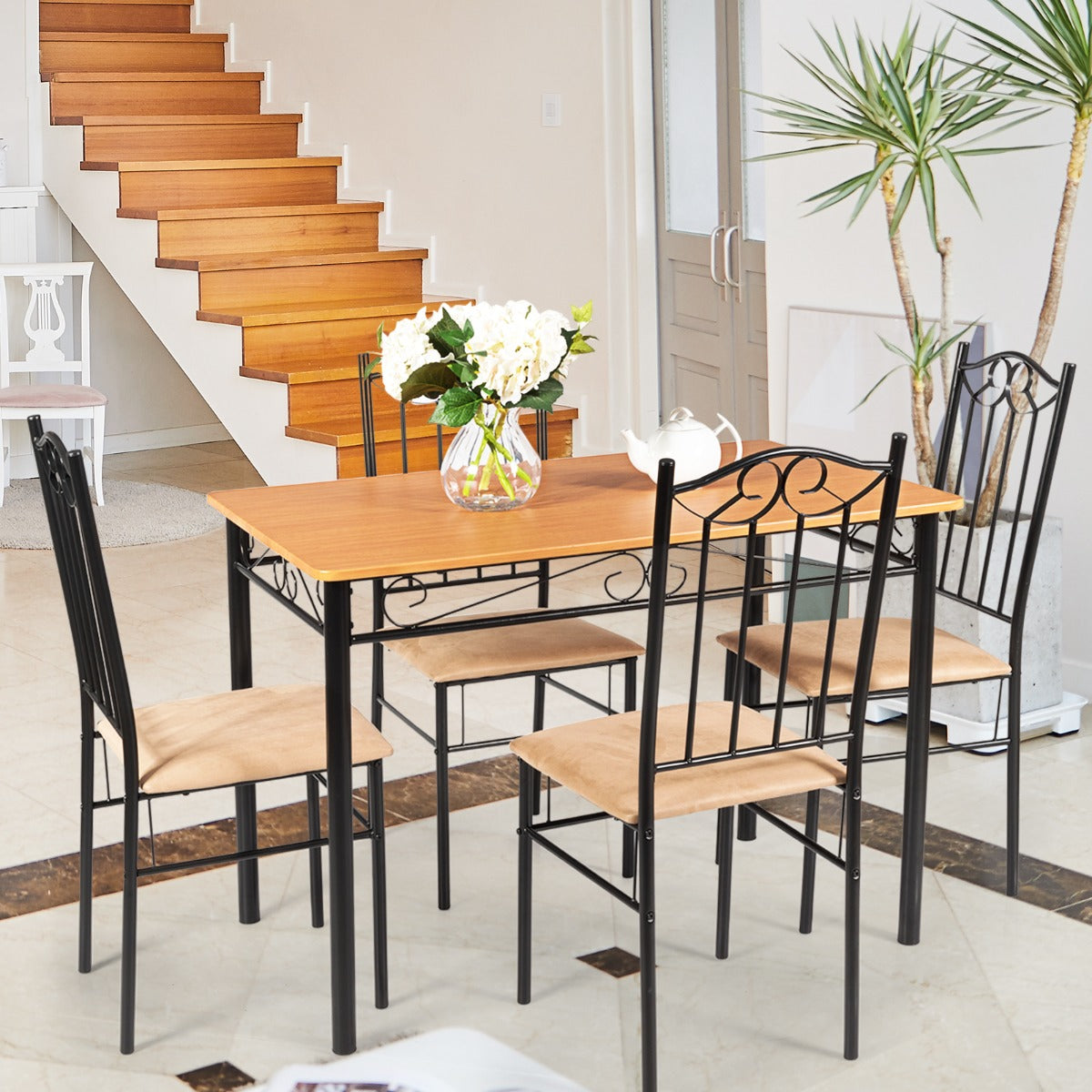Juego de Mesa de Cocina con 4 Sillas Estructura de Metal para Casa Restaurante Natural y Negro
