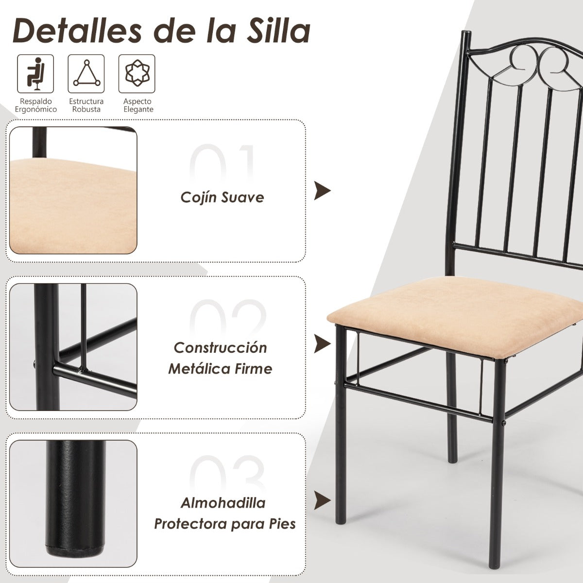Juego de Mesa de Cocina con 4 Sillas Estructura de Metal para Casa Restaurante Natural y Negro
