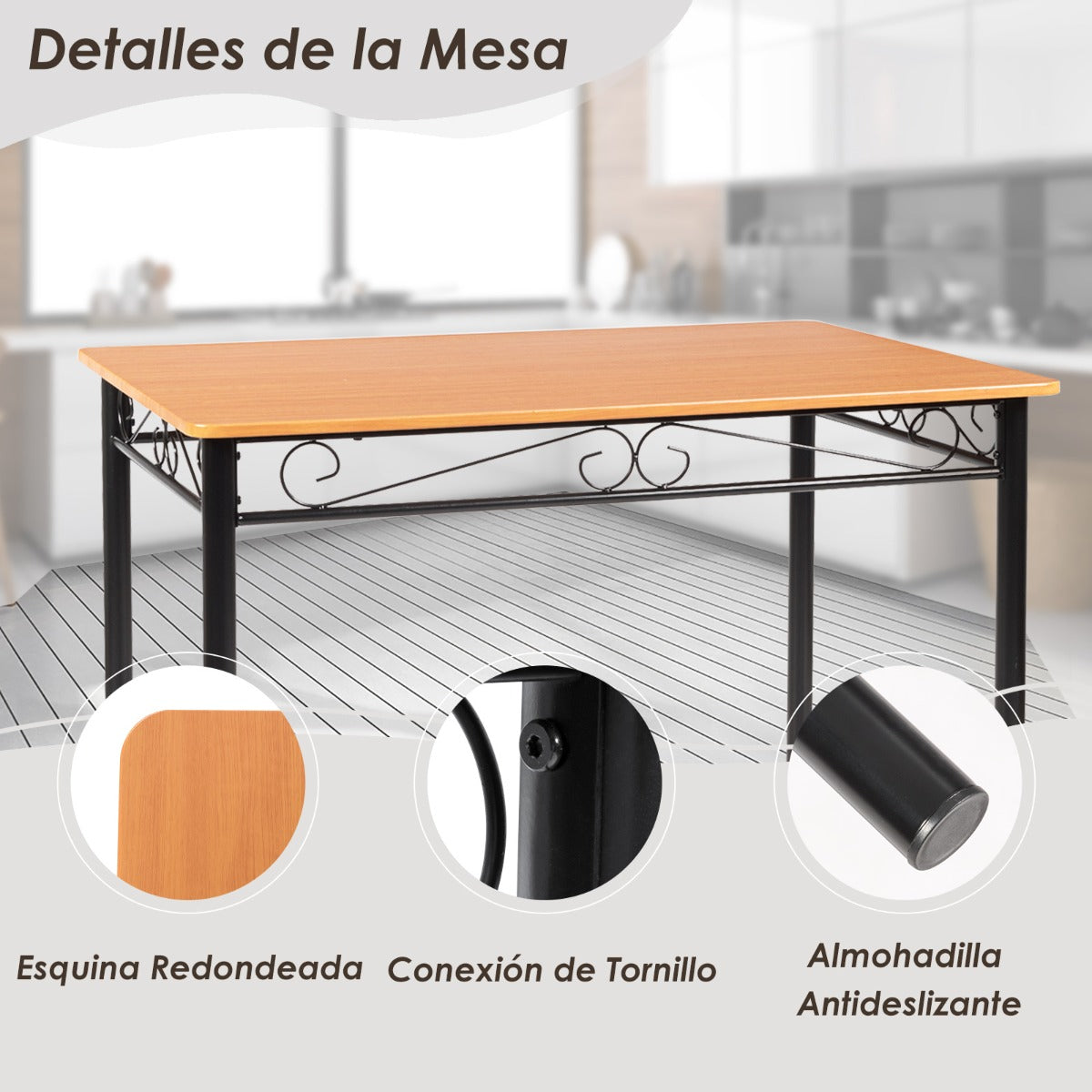 Juego de Mesa de Cocina con 4 Sillas Estructura de Metal para Casa Restaurante Natural y Negro
