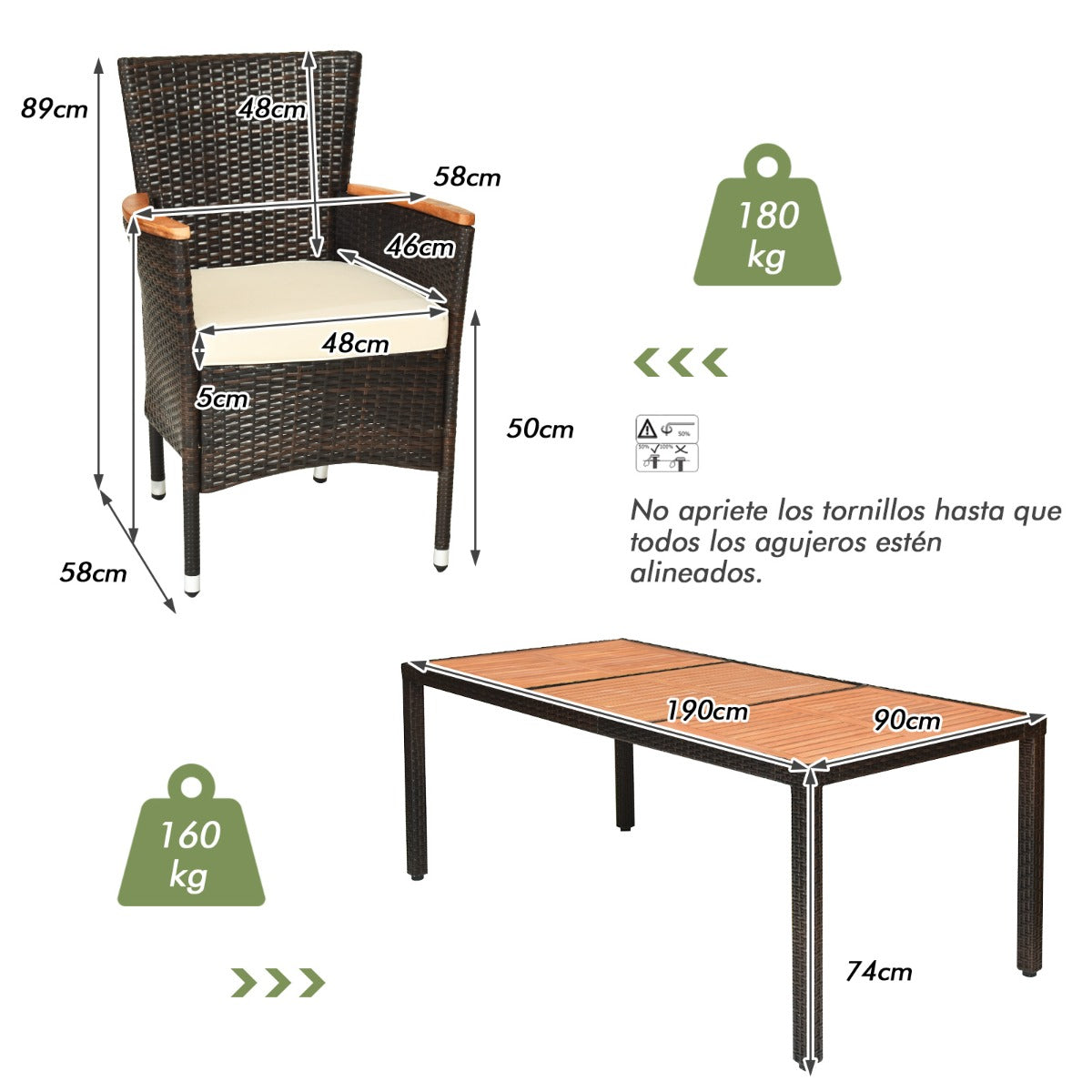 Juego de Comedor de Patio de 9 Piezas para 8 Personas con Tablero de Acacia y Cojines Removibles Set de Muebles para Jardín Porche Piscina