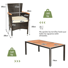 Juego de Comedor de Patio de 9 Piezas para 8 Personas con Tablero de Acacia y Cojines Removibles Set de Muebles para Jardín Porche Piscina