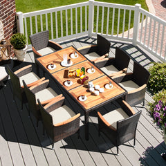 Juego de Comedor de Patio de 9 Piezas para 8 Personas con Tablero de Acacia y Cojines Removibles Set de Muebles para Jardín Porche Piscina