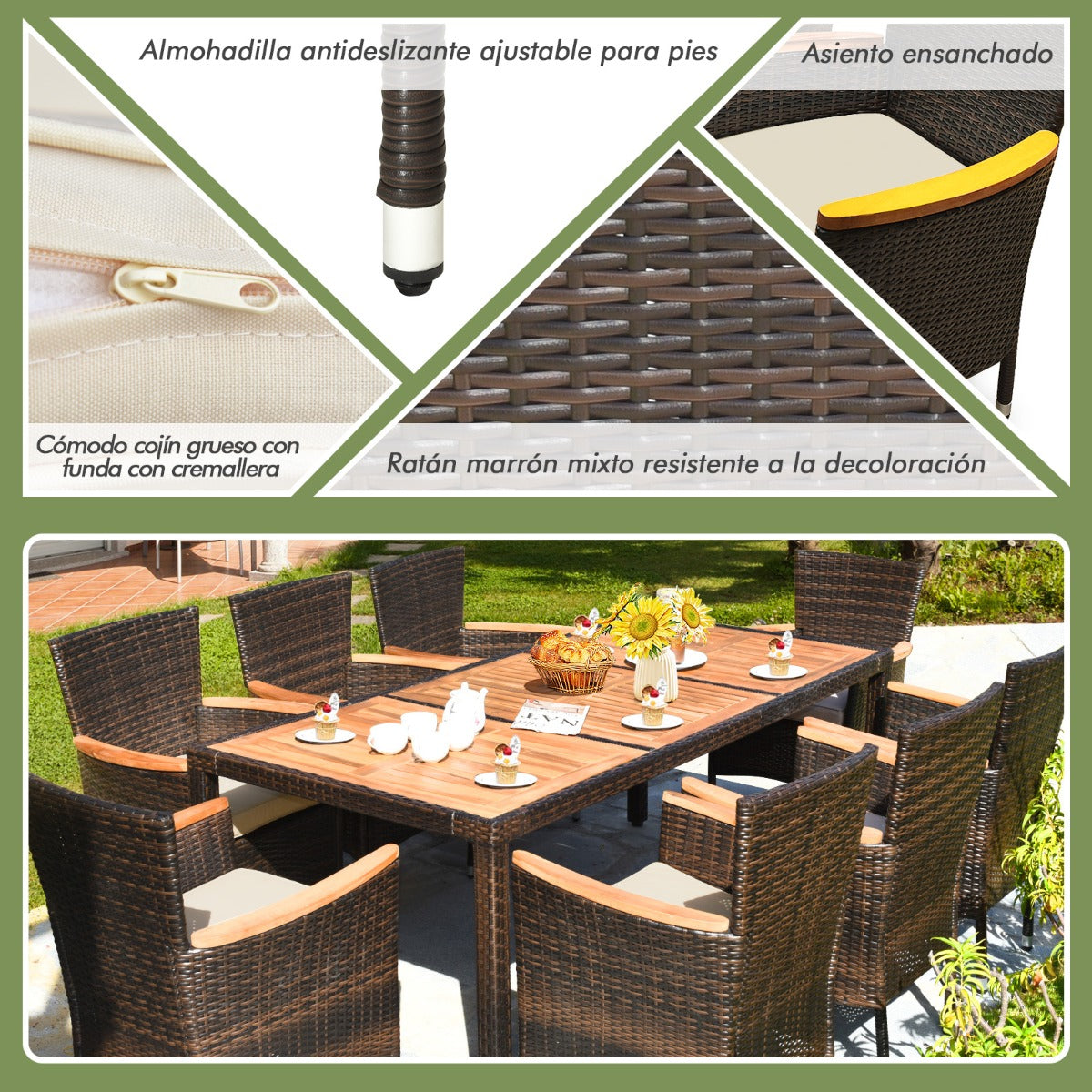 Juego de Comedor de Patio de 9 Piezas para 8 Personas con Tablero de Acacia y Cojines Removibles Set de Muebles para Jardín Porche Piscina
