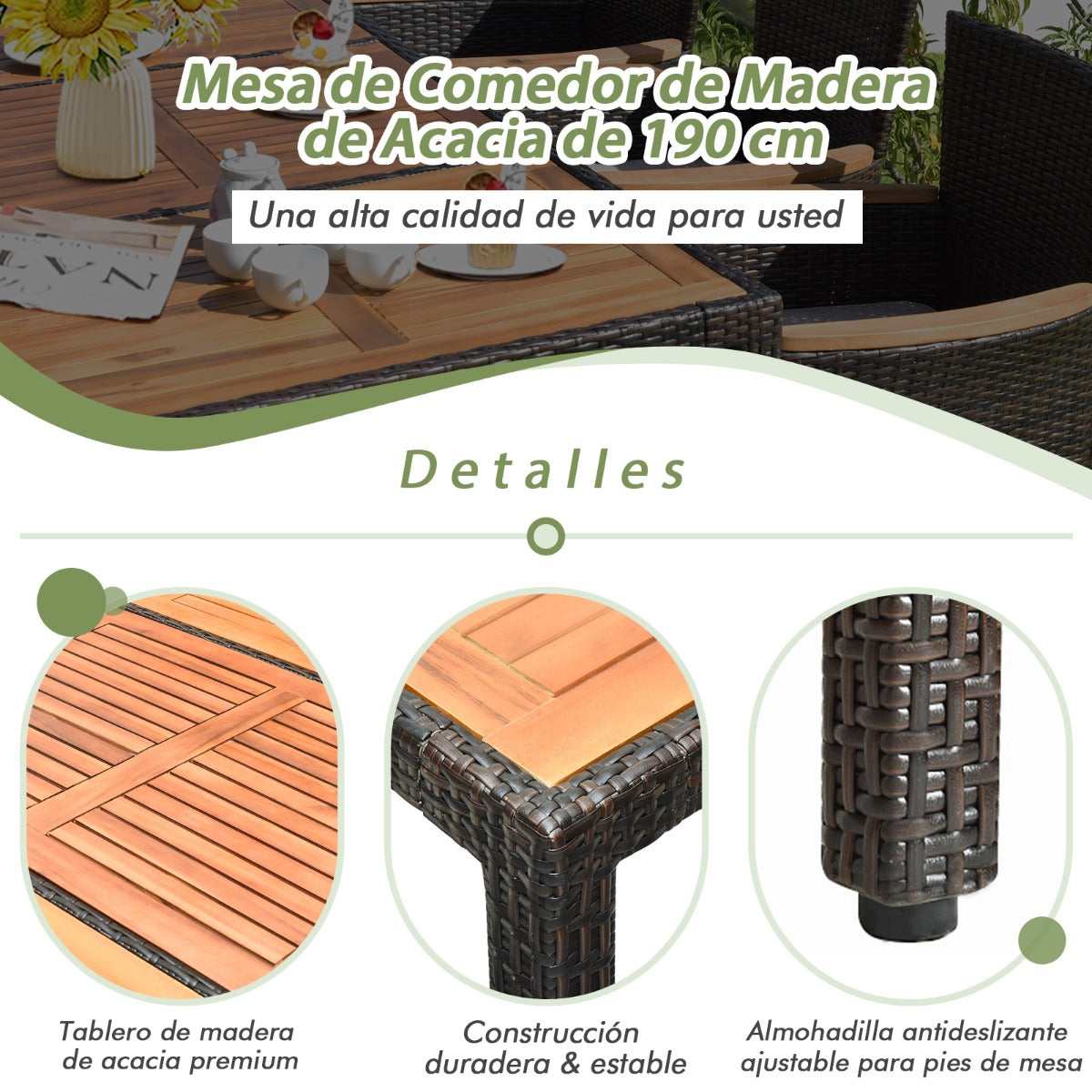 Juego de Comedor de Patio de 9 Piezas para 8 Personas con Tablero de Acacia y Cojines Removibles Set de Muebles para Jardín Porche Piscina